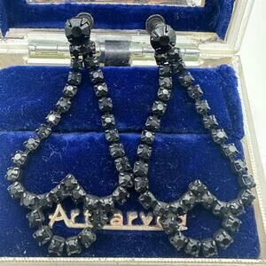 1950s vintage black gunmetal tone rhinestones dangle drop screw back earrings